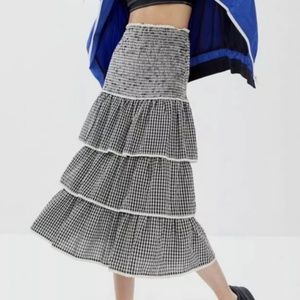 Urban Outfitters Smocked Tiered Ruffle Gingham Midi Skirt, Size Small